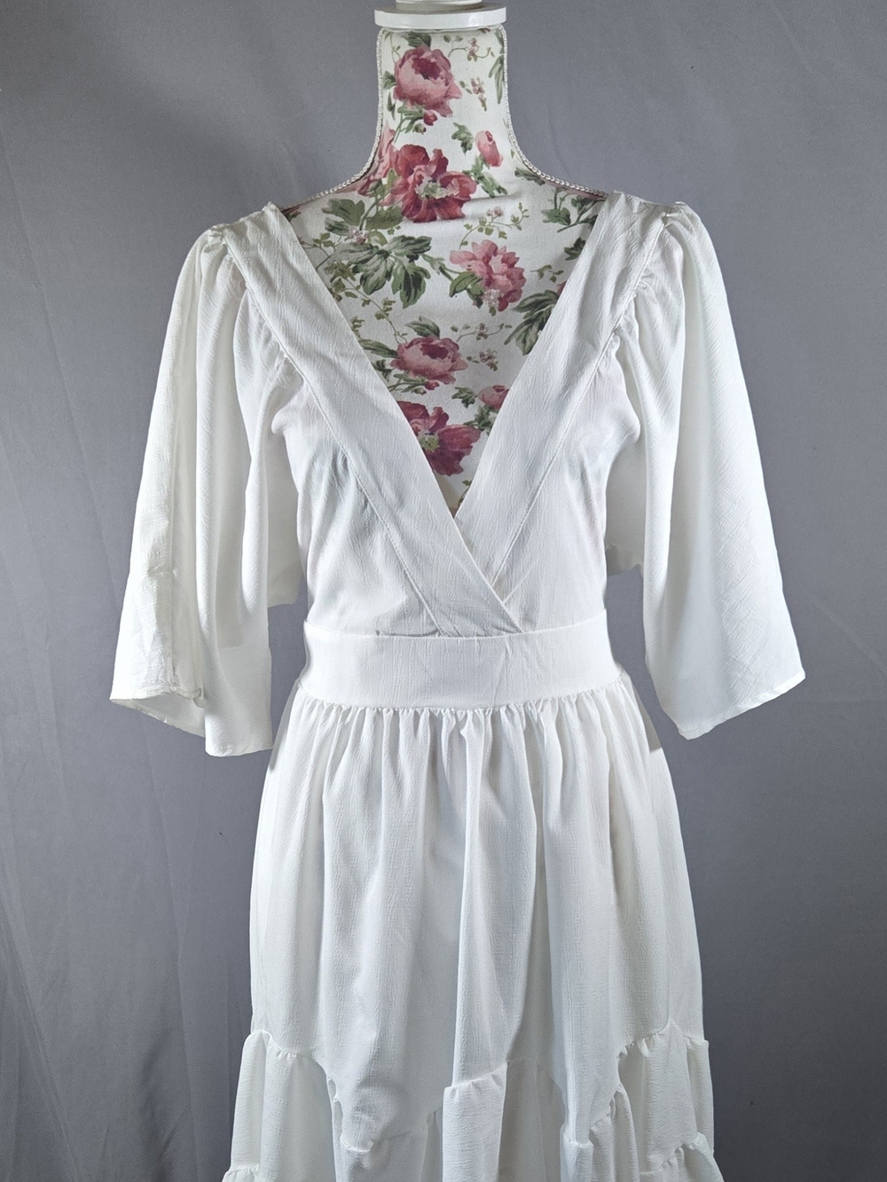 White V-Neck Midi Dress with Gathered Skirt